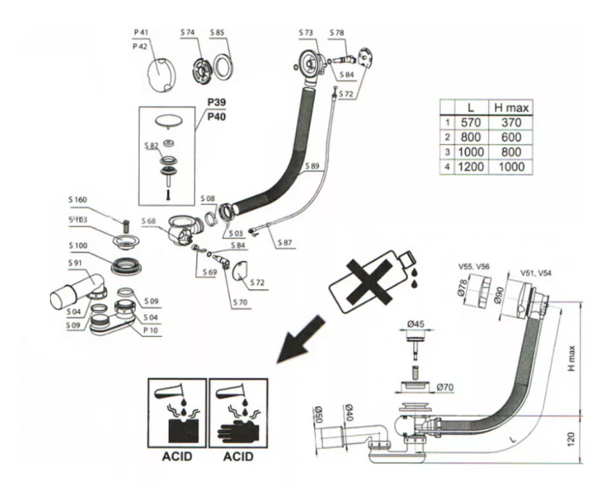 Слив-перелив для ванны V55R (600 мм) ручка латунь хром