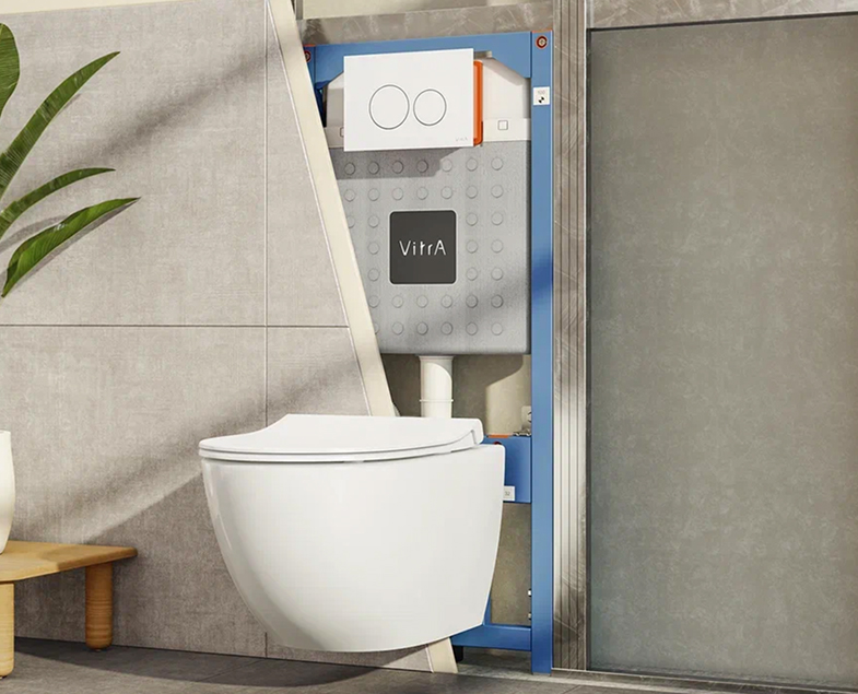 Инсталляция с унитазом VitrA Sento 9830B003-7207 комплект 4 в 1 с сиденьем микролифт безободковый цвет клавиши матовый хром