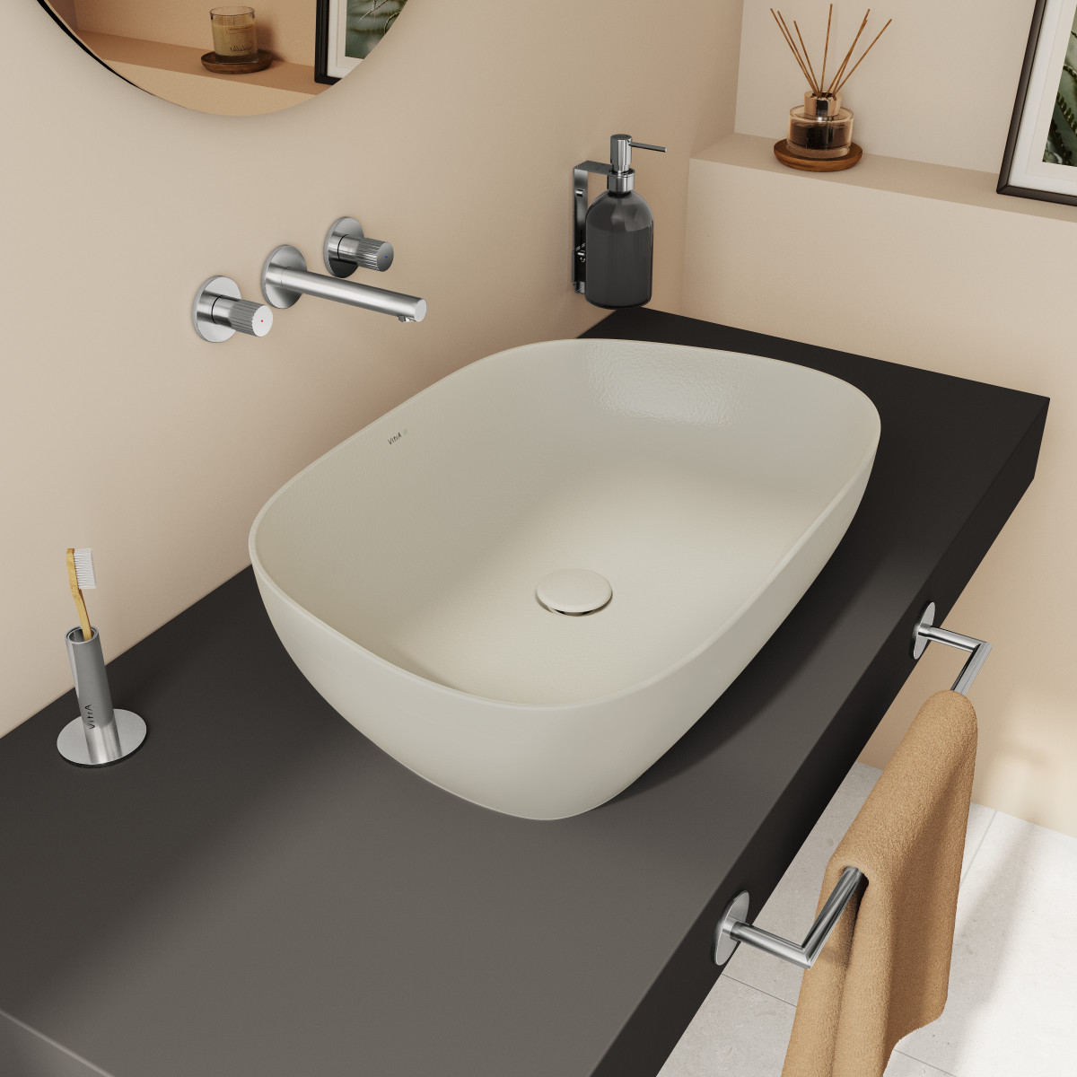 Раковина чаша VitrA Outline Recycled 7993B066-0016 63 x 42 см накладная матовая бежевая антибактериальное покрытие Hygiene