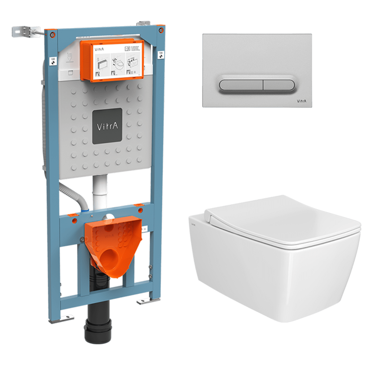 Инсталляция с унитазом VitrA Metropole 9820B003-7201 комплект 4 в 1 с сиденьем микролифт безободковый цвет клавиши матовый хром