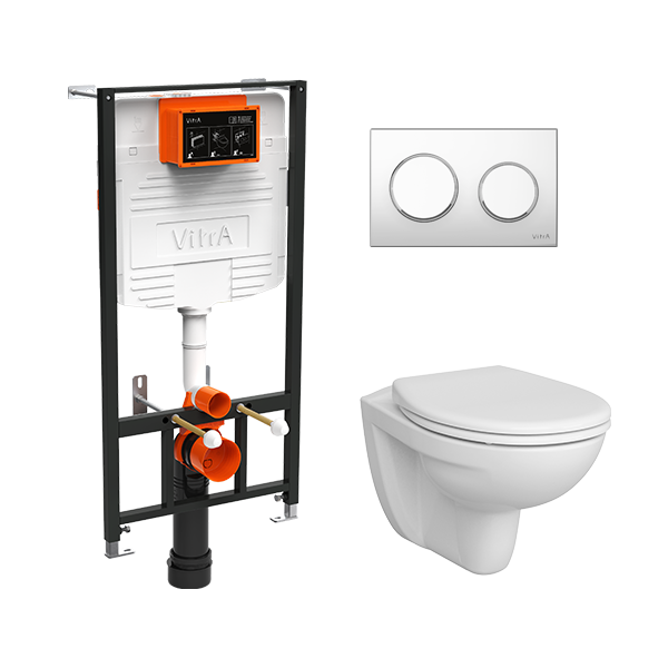 Инсталляция с унитазом VitrA S10 9842B003-7206 комплект 4 в 1 с сиденьем микролифт безободковый цвет клавиши глянцевый хром