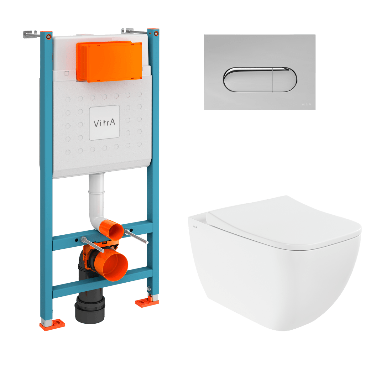 Инсталляция с унитазом VitrA Shift (Шифт) 9855B003-7206, комплект 4 в 1, с сиденьем микролифт, безободковый, Rim-ex (Рим-экс), цвет клавиши хром